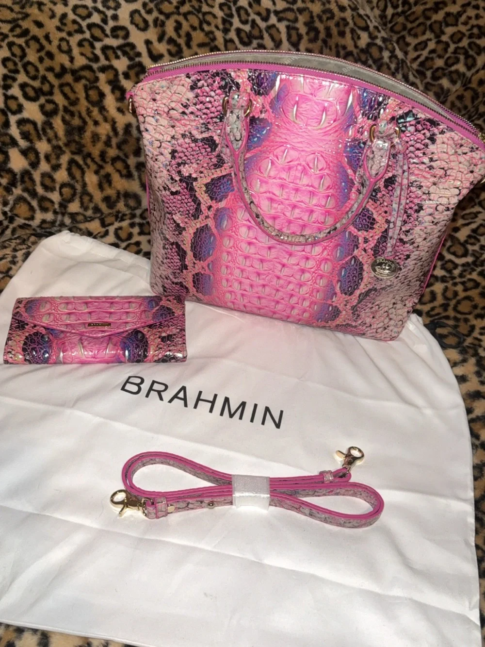 Brahmin Pink Python/Croc-Embossed Large Duxbury Bag & Matching Wallet BRAND NEW🩷